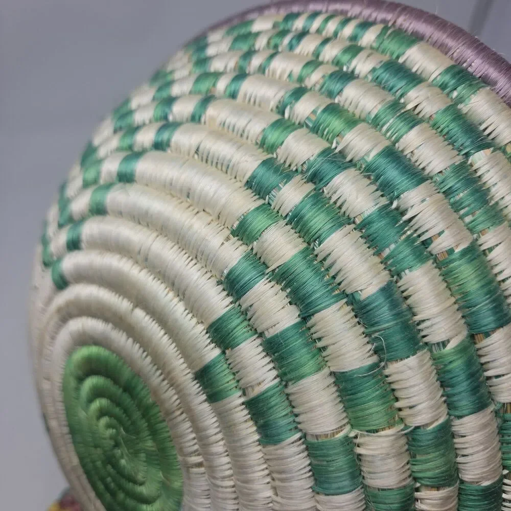 Vintage 11” Woven/Reed Coiled Basket Bowl Wall Green White African